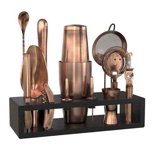 Highball & Chaser Bartender Kit with Black Bamboo Stand Beautiful Cocktail Shaker Set and Bar Tools Stainless Steel Boston Shaker Bartender Kit with Stand (Antique Copper) - color: Antique Copper