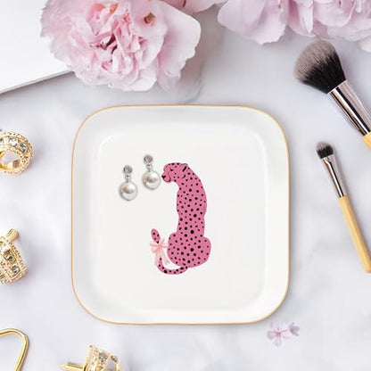 Jewelry Dish Tray, Ring Dish, Ceramic Trinket Tray, Pink Preppy Cheetah Leopard Gifts Ceramic Jewelry Tray Dish, Cheetah Print Jewelry Plate for Women