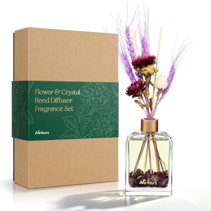 Reed Diffuser Home Fragrance Set 6oz with Real Dried Flowers & Natural Crystal Stones for Positive Energy – DIY Aromatherapy Gift, Safe for Kids and Pets (Violet Spirit)