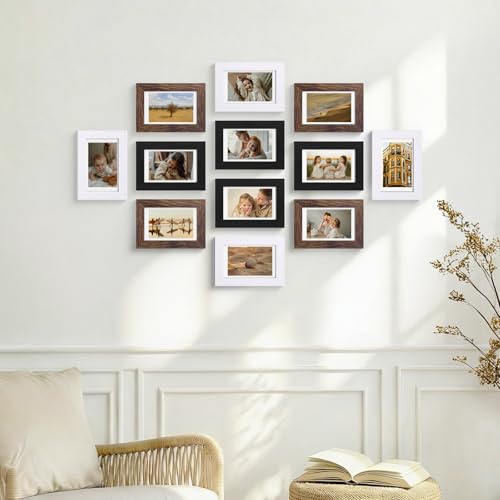 Vittanly 4x6 Picture Frames Set of 12, Wall & Tabletop, Black&Brown&White | Display Pictures 3.5x5 with Mat or 4x6 without Mat, Small Photo Frames, Engineered Wood with Shatter Resistant Plexiglass - color: Black&Brown&White, size: 4x6