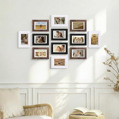 Vittanly 4x6 Picture Frames Set of 12, Wall & Tabletop, Black&Brown&White | Display Pictures 3.5x5 with Mat or 4x6 without Mat, Small Photo Frames, Engineered Wood with Shatter Resistant Plexiglass - color: Black&Brown&White, size: 4x6