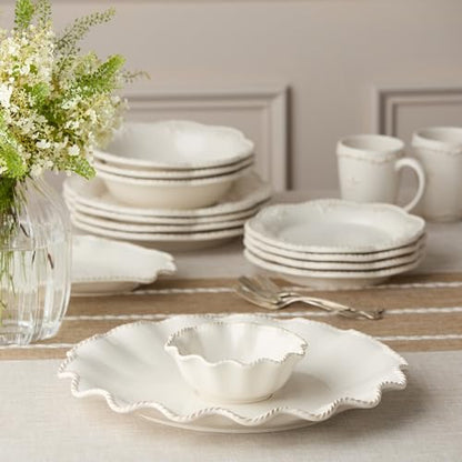 Heritage Ivory Stoneware Chip & Dip Set, 2-Piece – 15” Scalloped Serving Platter with 6” Dip Bowl (14oz) – Elegant Ripple-Edge Design for Entertaining, Snacks, & Appetizers