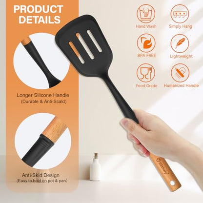 Large Silicone Kitchen Utensils Set with Holder, 25Pcs Cooking Utensil Set with Wooden Handle, Heat Resistant Spatula Sets for Cooking, BPA Free Silicone Utensils Set for Non-Stick Cookware(Black) - color: Black