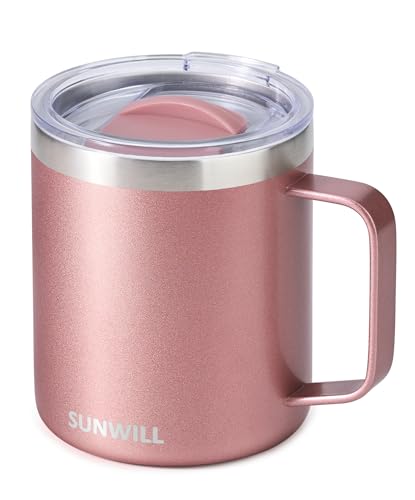 SUNWILL Travel Coffee Mug with Lid, Insulated Tumbler with Handle, 14 oz Stainless Steel Cup for Ice, Water, Tea, Rose Gold - color: .Rose Gold