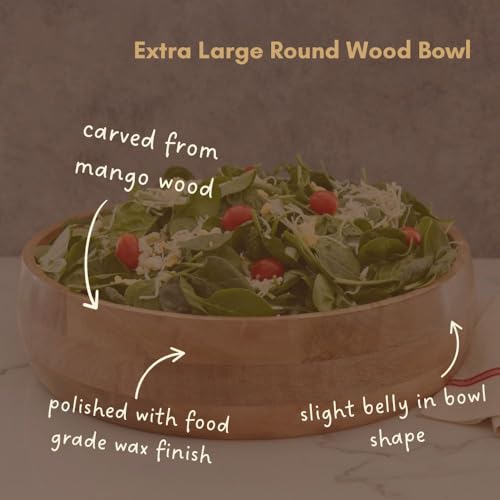 Wooden Salad Bowls for Serving Salad, Pasta and Fruit, Farmhouse Style, Natural Beige, Extra Large, 17" Dia - size: 17" Wide, Set of 1 Bowl