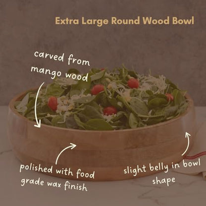 Wooden Salad Bowls for Serving Salad, Pasta and Fruit, Farmhouse Style, Natural Beige, Extra Large, 17" Dia - size: 17" Wide, Set of 1 Bowl