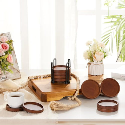 Set of 6 Wooden Coasters with Holder-Coffee Table Coasters for Drink | Wood Coaster Set for Modern Home Decor, Home Dining Table Decor Cute Beer Bar Coasters Decorative Rustic Outdoor Coasters