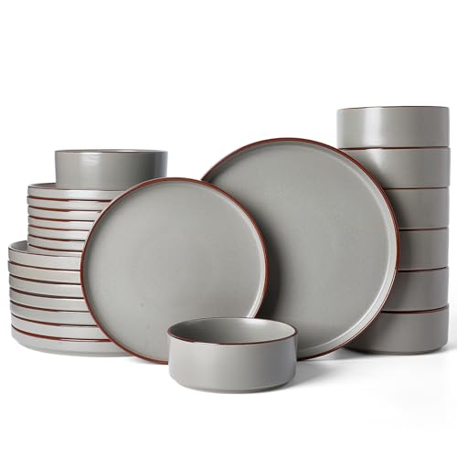 Famiware Nebula Ridge 24-Piece Stoneware Dinnerware Set, Dark Gray | Plates and Bowls for 8, Warm Hand-Painted Rims, Microwave and Dishwasher Safe, Daily Essentials - color: Dark Gray, size: Service for 8 (Standard Dinner Set)