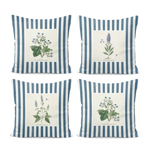 Vintage Blue Floral Plant Pillow Covers 18x18, Cottagecore Home Decor, Blue Striped Botanical Flower Decorative Throw Pillow Covers for Home Bedroom Living Room Sofa Couch, Set of 4 - color: White-vintage Blue Floral Set