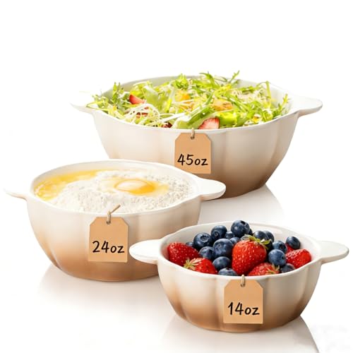 Ceramic Soup Bowls with Handles Set of 3, Kitchen Food Storage Bowls for Prepping and Baking, Cute Ramekins, Baking Dishes for Dessert, Salad, Ideal for Cooking and Serving, Mothers Day Gifts - color: White Brown, size: 3 Piece Set