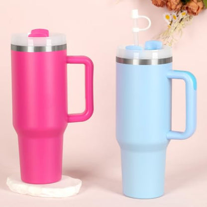 4 Pack 40 Oz Tumblers with Handle Bulk, Double Wall Vacuum Insulated Stainless Steel Tumblers with Lid and Straw, 40 oz Cups with Silicone Spill Proof Stopper Set (Hot Pink) - color: Hot Pink