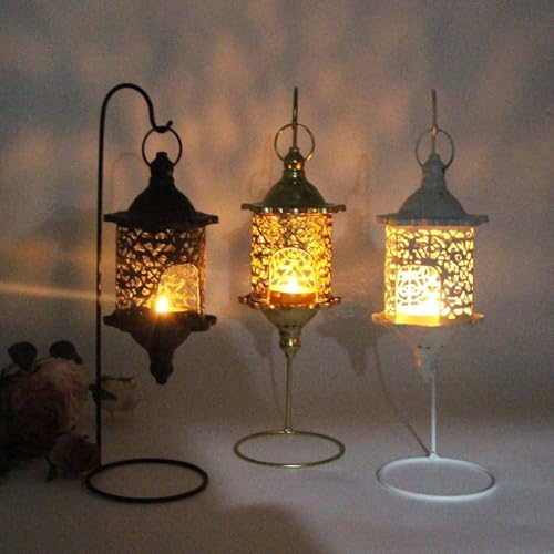Gralara Hanging Candle Lantern with Stand Wrought Iron Baroque Style Lantern Romantic Atmosphere Hollow Metal Candle Holder for Living Room, Tabletop, Wedding, Gold
