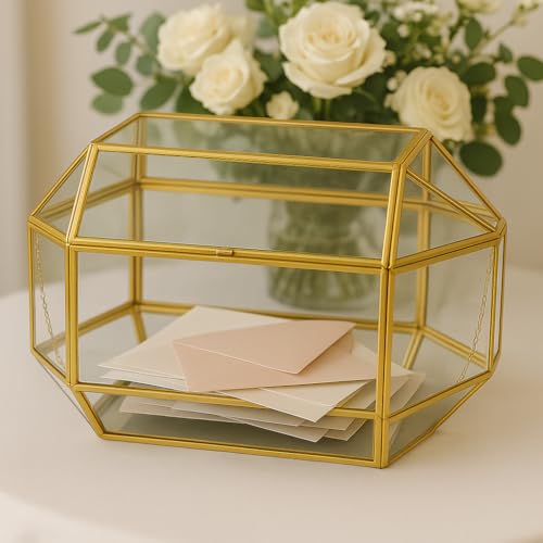 Koyal Wholesale 1 Pcs Gold Geometric Glass Wedding Card Box, Gold Wedding Reception Drop Box, Geometric Terrarium Glass Planter, Terrarium Card Box Centerpiece