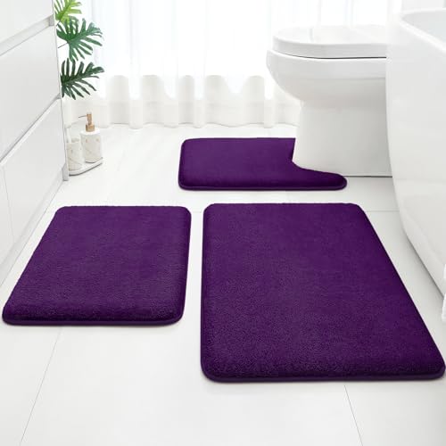 HOMEIDEAS Upgraded Bathroom Rugs Set 3 Piece, Ultra Soft Memory Foam Bath Mats, Super Absorbent Non Slip Washable U-Shaped Toilet Bath Rug (Purple, 17"x24"+20"x32"+U-Shaped 20"x24") - color: Purple