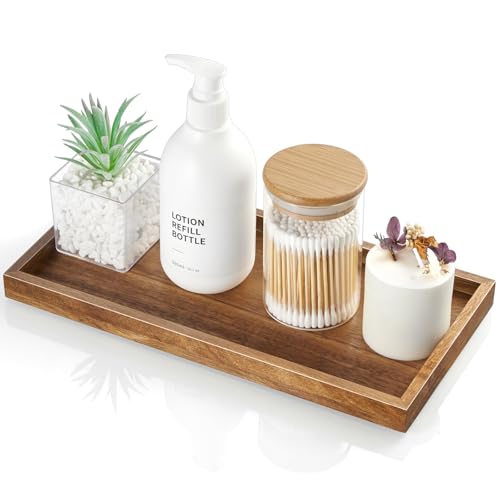 ALELION 11.7" Bathroom Vanity Tray for Counter - Acacia Wood Decorative Tray for Toilet Tank Makeup Perfume Jewelry Catchall Coffee Table - Wooden Kitchen Countertop Organizer for Soap Dispenser - color: Acacia, size: 11.7" x 6" x 0.8"