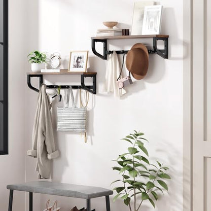 Coat Rack Wall Mount, Wood Wall Shelf with Hooks, Coat Hanger Wall Mount with 4 Metal Hooks, Wall Mounted Coat Rack Organizer for Entryway, Bedroom, Living Room, Room Decor, Brown 2 Pack - size: 33.8 inch-2 pack