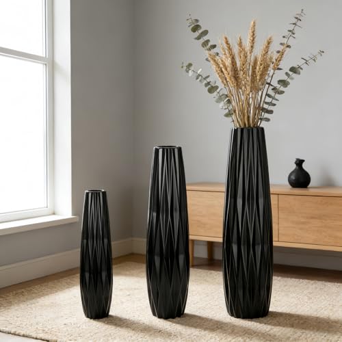 Black Tall Ceramic Floor Vase, 24 Inch, Ribbed Design | Matte Finish, Living Room, Fireplace, Entryway, Pampas Grass - size: 24 Inch