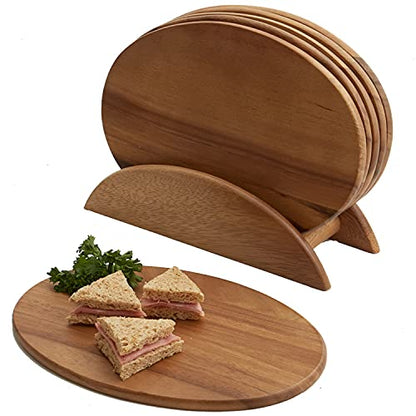 Woodard & Charles Acacia Wood 6 Serving Boards with Stand, 7 Piece Set | 9.5" x 6.5" Wood Serving Boards on a Stand; Serve Sushi, Cheese, Charcuterie, Appetizers and Small Bites for Any Party - color: Brown, size: 7 Piece Set