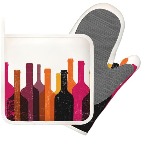 Red Wine Bottle Oven Mitt and Pot Holder with Silicone Heat Resistant Kitchen for Cooking BBQ Baking Grilling Cooking Protection - color: Red Wine Bottle