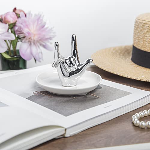 Lynagert I LOVE YOU Hand Ring Holder - Ceramic Jewelry Holder Dish Trinket Tray for Rings, Earrings, Necklace Organizer - Engagement, Wedding, Christmas, Birthday Gifts (Silver) - color: Silver