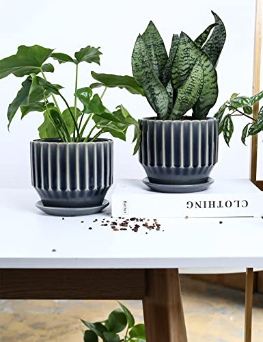 Plant Pots 6 inch Ceramic Pots for Indoor Plants Set of 2 Flower Pots Unique Crackle Glaze Design Plant Pots with Drainage Hole and Saucer Come with Drainage Nets (Grey) - color: Gray