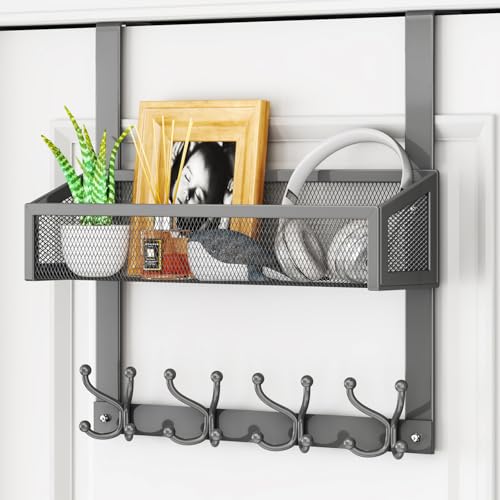 HapiRm Over The Door Hooks - Easy Installation Door Hanger with Basket and 16 Hooks, 304 Stainless Steel Storage Organizer for Towels, Coats, Bathroom, Kitchen, Dorm-Grey - color: Gray-1 Basket