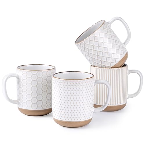 GBhome Coffee Mugs Set of 4, 16 oz White Coffee Cups with Large Handle | 4 Assorted Designs, Embossed Ceramic Coffee Mugs for Coffee/Tea/Cappuccino, Dishwasher&Microwave Safe - color: Off-White, size: Set of 4