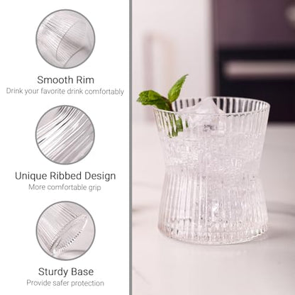 JOVGANK Drinking Glasses Set of 8 – Lead-Free Crystal Glassware, 4 Tall 10oz & 4 Short 8.5oz Vintage Ribbed Tumbler Glasses, Dishwasher Safe, for Juice Beer Cocktails, Great Housewarming Gift, Set B - style: X