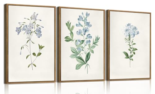 Framed 3 Piece Blue Floral Wall Art Boho Botanical Canvas Prints | Vintage Flower Pictures Wall Decor Minimalist Rustic Paintings Artwork for Living Room Bedroom Bathroom 16x24in - color: Botanical-6, size: 16x24 Natural