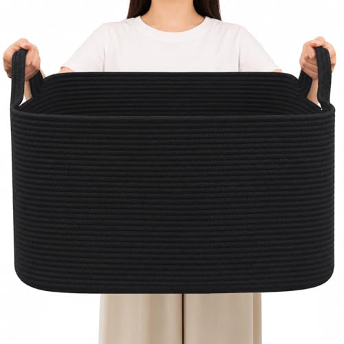 96L Woven Laundry Basket with Handles, Extra Blanket Basket,Black | 24"×16"×15" Collapsible Cotton Rope Storage Basket for Toys Clothes & Pillows, Nursery, Bathroom, Bedroom, Living Room - color: Black, size: 96L