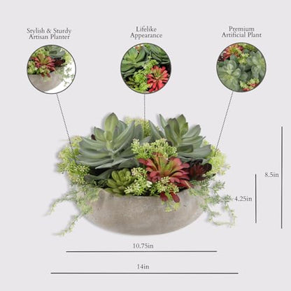 Round Faux Succulent Arrangement, 14" Premium Artificial Indoor Plant Enhances Interior Design, Display on Any Surface in Your Home Adding an Inviting Touch of Nature, Natural Planter Pot Included - size: 14" Round Natural