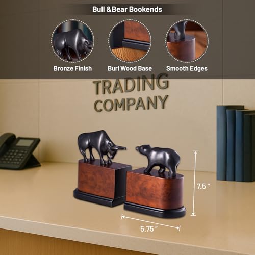 Bey-Berk Bull & Bear Bookends, Black – Bronzed Cast Metal with Burl Wood Base, Heavy-Duty Office, Desk & Bookshelf Stand