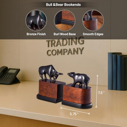 Bey-Berk Bull & Bear Bookends, Black – Bronzed Cast Metal with Burl Wood Base, Heavy-Duty Office, Desk & Bookshelf Stand
