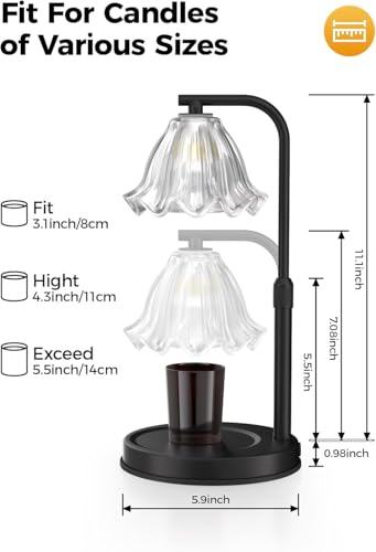 Candle Warmer Lamp with Timer - Adjustable Height for Jar Candles | Metal and glass candle warmer with 4 brightness levels, 2/4/8-hour timer, adjustable 7.08-11.1 in pole and two 50W bulbs - color: Flower Candle Warmer Lamp