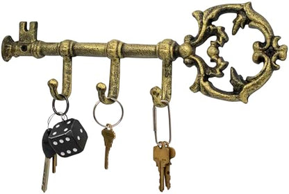 Stephanie Imports Rustic Cast Iron Large Key-Shaped Holder with 3 Key Hooks for Wall Mount (Antique Gold) - color: Antique Gold