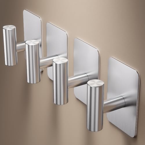 Heavy Duty Adhesive Hooks - 26lb Max, Sticky Wall Hooks Waterproof Stainless Steel for Hanging Towel, Coat, Robe, Towel Hooks Stick on Bathroom, Kitchen, Shower, Door (Silver, 4 Pack) - color: Silver-Cylinder4