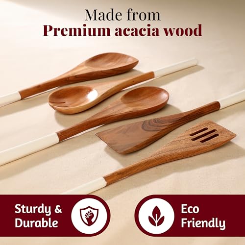 Folkulture Premium Wooden Spoons for Cooking,Kitchen Utensils Set of 5(12") | Smooth Finish, Soft, Comfort, Durable, Non Toxic, Non Stick, Acacia Wooden Spoons, Cooking Gifts for Women,Kitchen Essentials - color: White