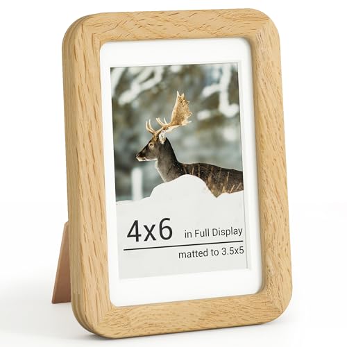 RICHFOCUS 4x6 Picture Frame, Solid Oak Wood Photo Frame with Double Tenon Rounded Corner & Chamfered Curved Edge, 4 by 6 Wooden Frame Matted to 3.5x5 Photos, Diploma Certificate Document Frame - color: Oak, size: 4x6