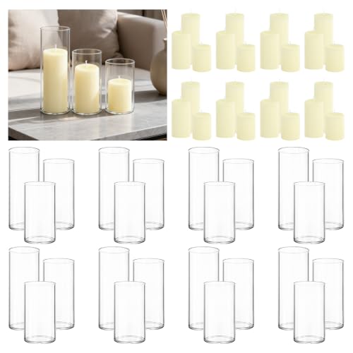 24-Pack Ivory Pillar Candles (2''X3,4,6) & 24-Pack Glass Cylinder Vases(2.6''X5,6,8),Hurricane Candles,Wedding Centerpiece Decor Set-Mixed Heights for Table, Proposal, Event. - color: Ivory, size: 24