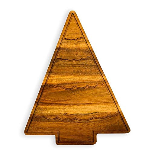 Treen Art Wooden Christmas Cutting Board for Kitchen Decor, 13.5"L x 10.8"W Tree Shaped Acacia Wood Chopping Board with Handle & Curved Grooves, Serving Charcuterie Platter - color: Tree Board with Curved Grooves 13.5"L x 10.8"W