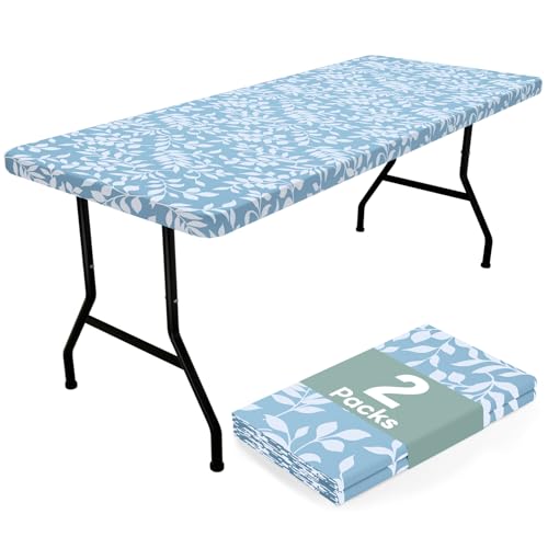 2 Pack Vinyl Tablecloth, Fitted Table Cover, 100% Waterproof, Elastic Edge, Flannel Backing, Plastic Table Cloth Fit 6 Foot Folding Tables for Picnic, Camping, Outdoor (Blue Leaves, 30x72 inch) - color: Baby Blue, size: 72" X 30" (Rectangular)- 2 Pack