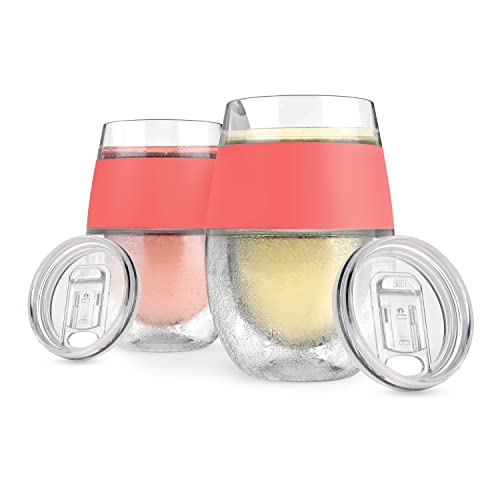 Host Cooling Wine Freeze Cup with Lid, Set of 2 Plastic Double Wall Insulated Wine Tumbler Drink Cups with Freezing Gel for Red and White Wine, Coral - color: Coral