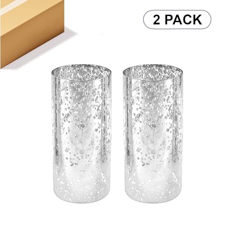 WGVI Hurricane Candle Holder Sleeve, W: 4", Ht: 8", Silver Speckled Glass Cylinder Open Both Ends, Chimney Tube Shade, 2 Pieces - color: Silver Speckle, size: 4x8"H