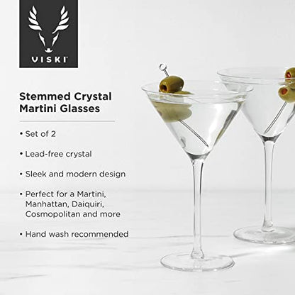 Viski Stemmed Martini Glasses, Home and Bar Drinkware, Premium Crystal Martini Accessories, Cocktail Glasses, Set of 2, 9oz, Clear - style: Stemmed Martini Glasses