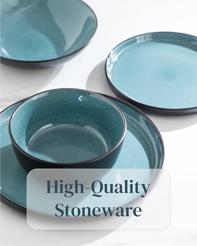 Stoneware Cereal Bowls Set of 4, 27 oz Scratch Resistant Ceramic Soup Bowl | Dishwasher & Microwave Safe Stoneware Bowls, Reactive Glaze Coating, Modern Kitchen Bowl Set, Dark / Petrol Blue - color: Petrol Blue, size: Set (4pcs)