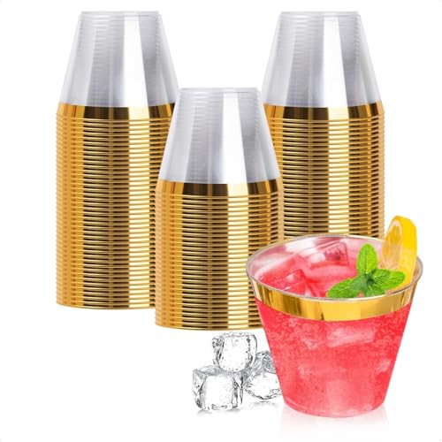 Goodluck 100PCS 9oz Gold Plastic Cups for Party, Disposable Gold Rim Cups | Plastic Cocktail Glasses for Wedding Thanksgiving, Christmas, and Parties - color: Gold-9oz, size: 100 Pack