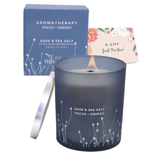 Sage & Sea Salt Wood Wick Soy Scented Aromatherapy Candle for Home, Office | Sage Candles for Cleansing House, Focus & Relaxation | Home Spa, Clean Burn, 10.6 oz, Decorative Blue Jar Candle, Women & Men