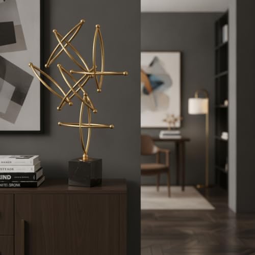 Decorative Craft Item Abstract Geometric Sculpture Modern Statue Metal Figurine Marble with Gold Tone Electroplated Finish Suitable for Desk Shelf Side Table Home Decor, Large - size: Large