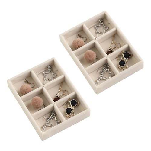 Small Jewelry Trays for Drawer,2 Pack 6 Grid Earring Organizer | Jewelry Display for Rings Stud,Jewelry Box Inserts,Drawer Inserts,Adjustable Dividers,Earring Organizer,Stackable,Mini Size - color: Beige, size: 6 Grids Set 2