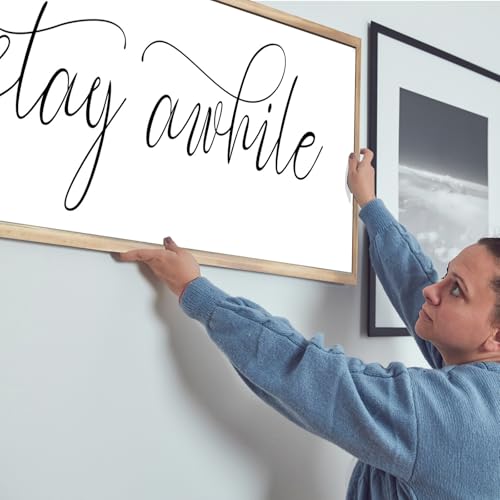 Rutiyoka Stay Awhile Sign Framed Farmhouse Dining Room Wall Decor Large 42"×15" Wood Kitchen Wall Art Brown - color: stay awhile (brown frame)